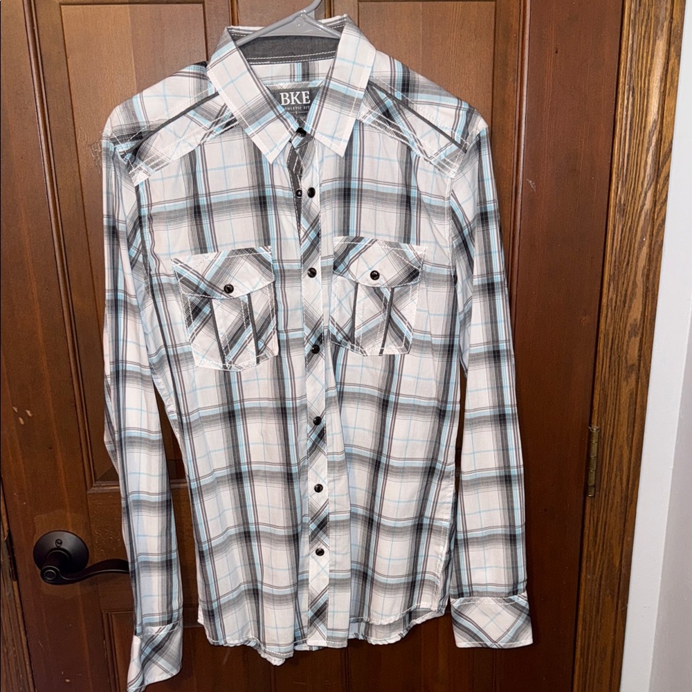 BKE Men's Casual Plaid Shirt - White and Blue